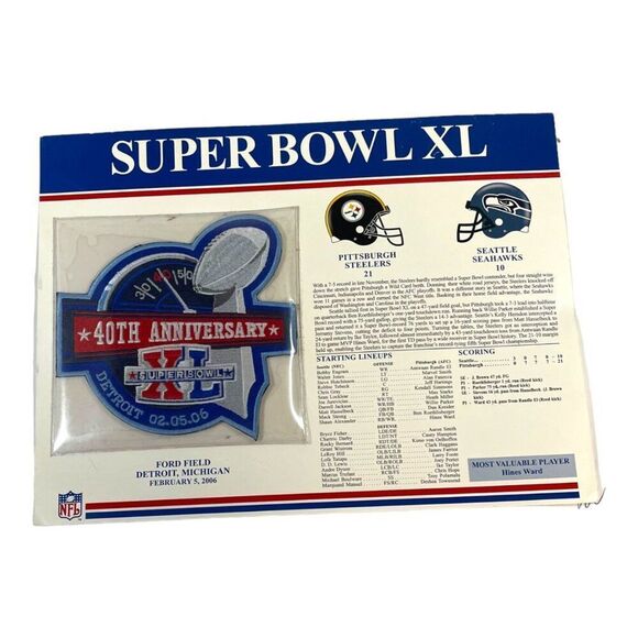 Super Bowl XL 40 Patch Pittsburgh Steelers vs Seattle Willabee & Ward NFL Stats - Picture 1 of 6